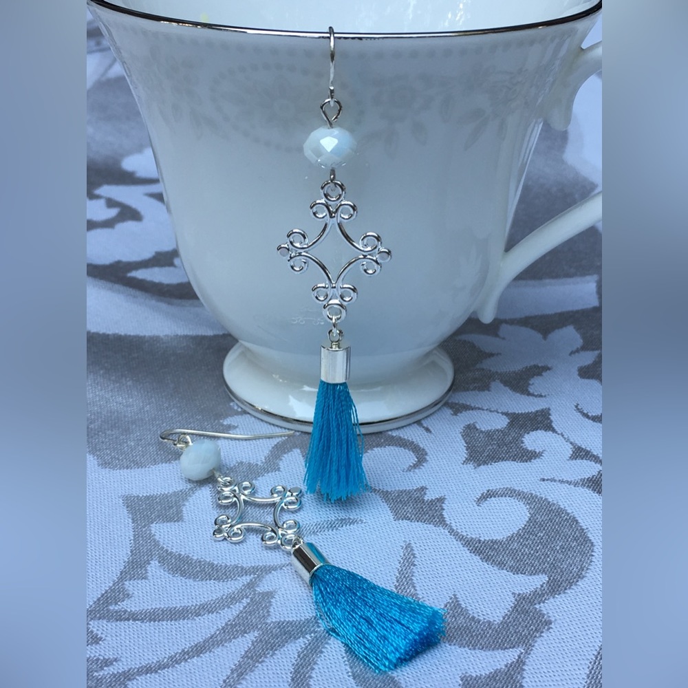 Aqua Silk Tassel Earrings